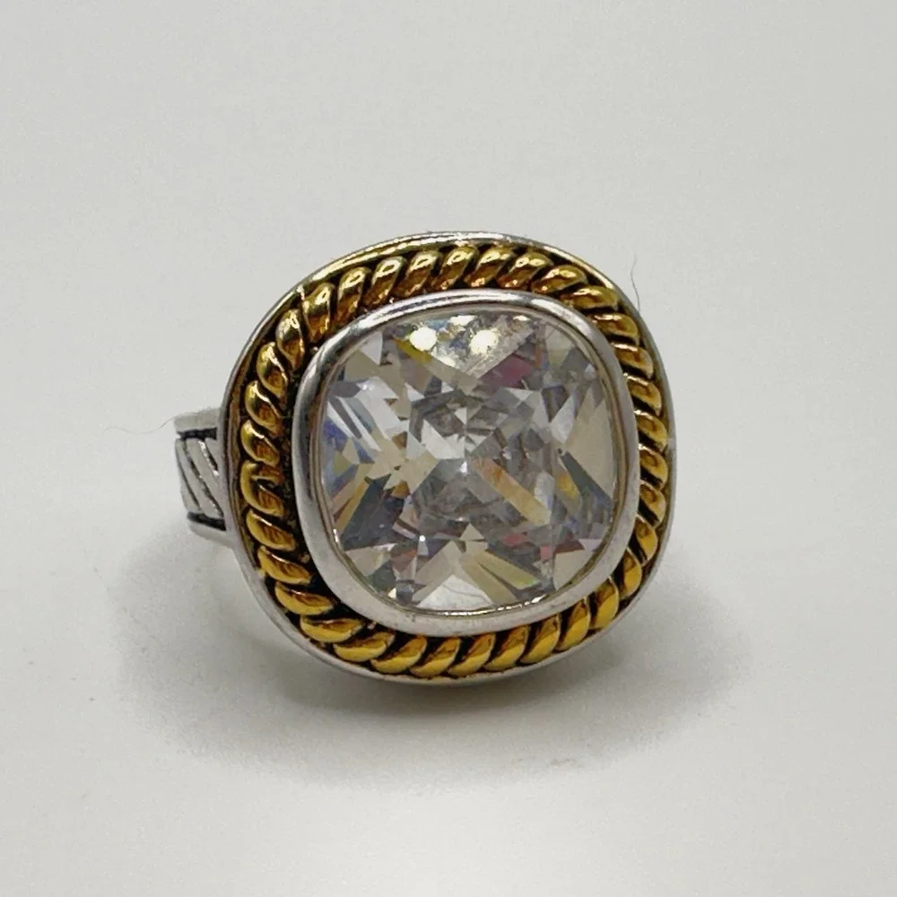 Designer Inspired Statement Ring Large CZ Silver Tone Gold Tone Rope Accent 7.25